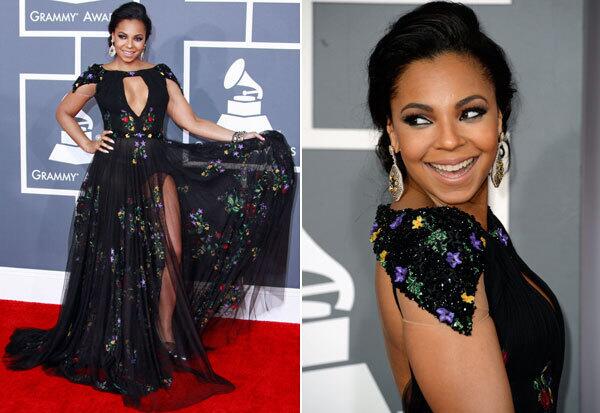 And then along came Ashanti in a Tony Ward Couture gown. The embroidered black lace may have looked innocent enough, but that keyhole of cleavage and slit to the hip were pushing the bounds -- in terms of propriety, yes, but mostly taste.
