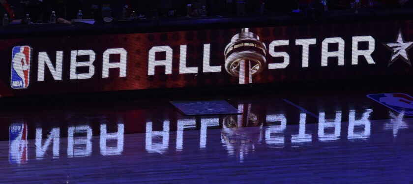 The scorers table is lit up with the NBA All-Star logo in the second half of the 2016 NBA All-Star game at the Air Canada Centre in Toronto.