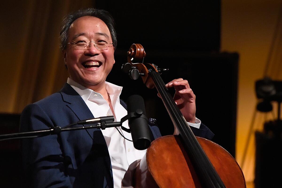 Yo-Yo Ma performs on SiriusXM's Symphony Hall hosted by David Srebnik at SiriusXM Washington D.C. Studios in 2018.