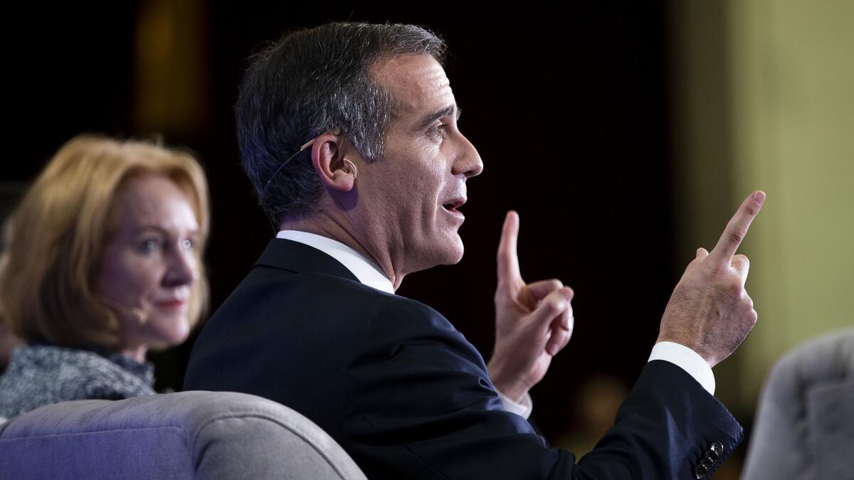 Los Angeles Mayor Eric Garcetti speaks while on the panel of the Global Covenant of Mayors for Climate and Energy during the Global Climate Action Summit at San Francisco City Hall.