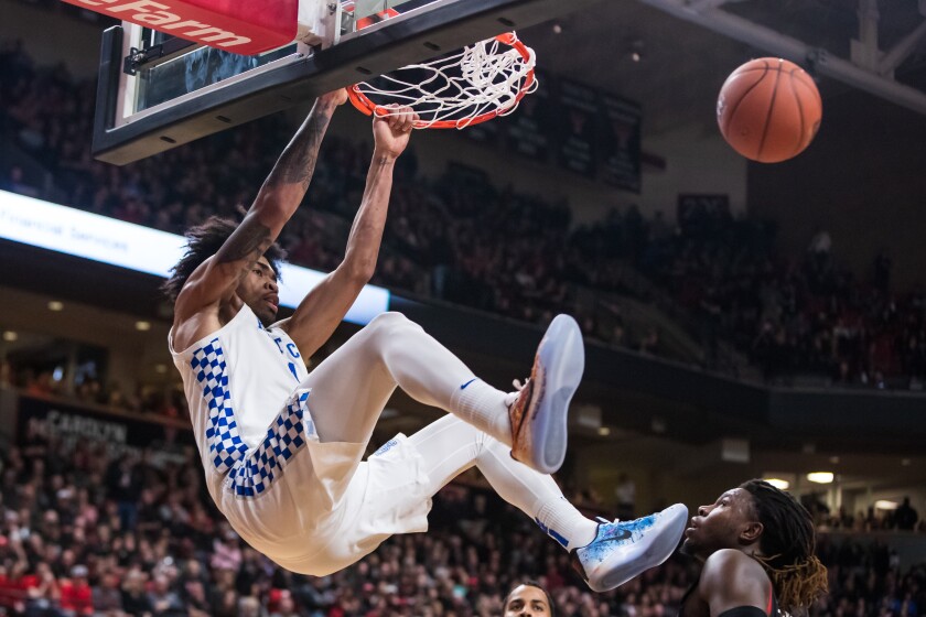 Nick Richards had a tremendous showing for Kentucky in his team's win over Texas Tech, and could potentially be a first round pick in 2020. (Photo: John E. Moore III/Getty Images, via Los Angeles Times.)