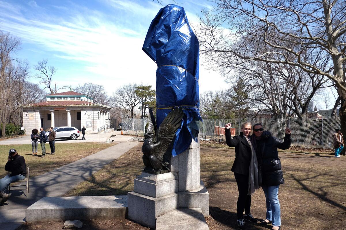 A statue of former National Security Agency contractor Edward Snowden is shown covered up at the Fort Greene Park in Brooklyn.