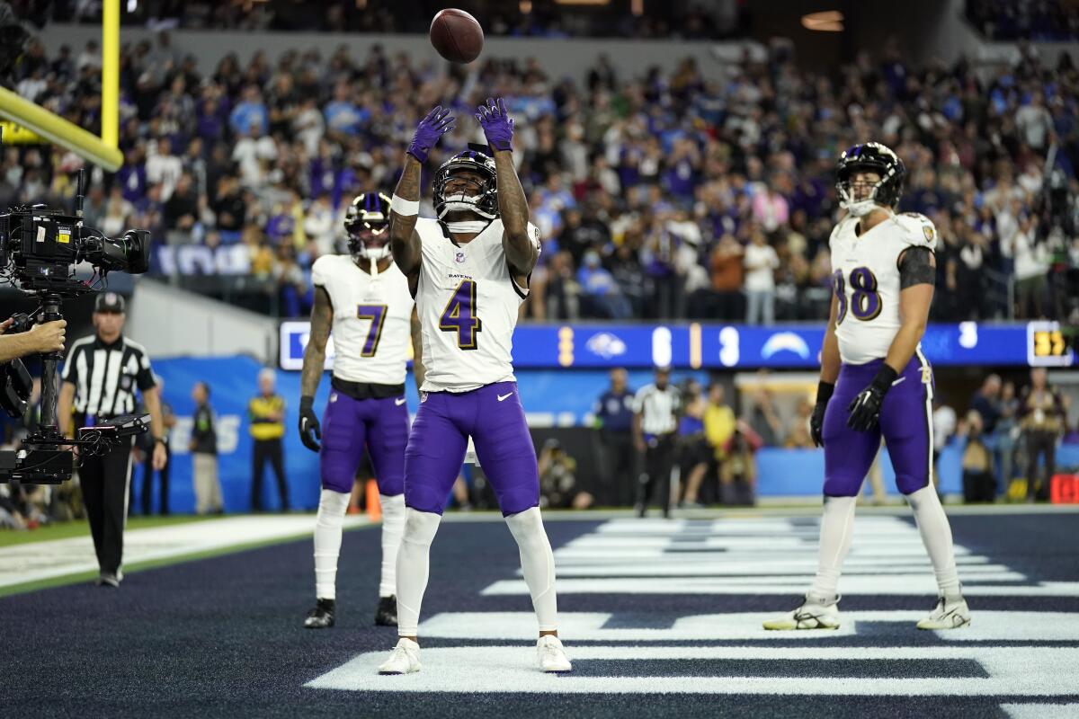 Zay Flowers celebrates a touchdown for the Ravens.