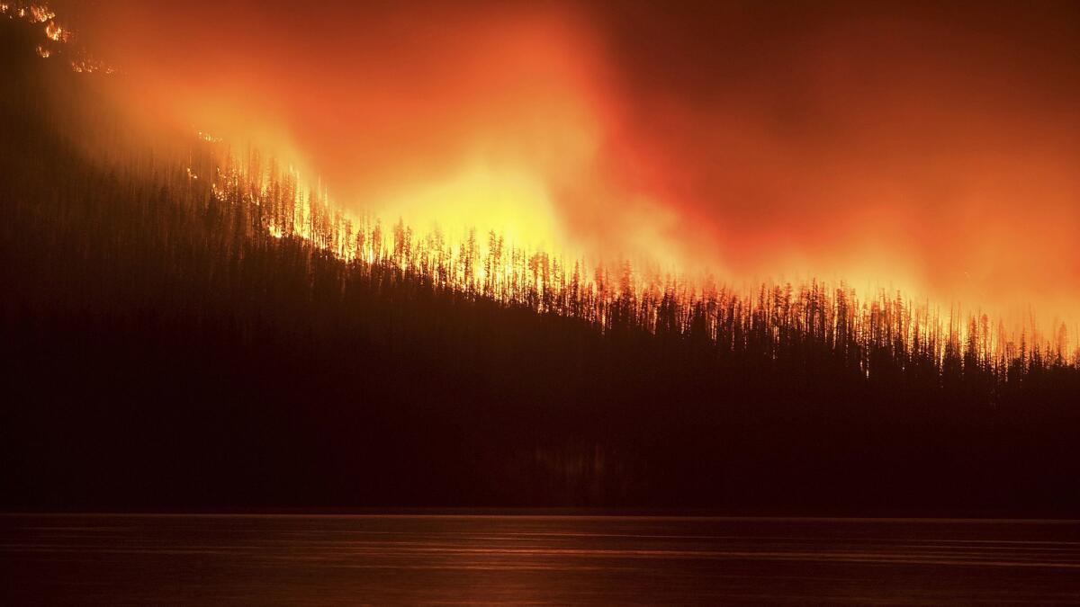 A fire burns next to Lake McDonald in Glacier National Park in northwest Montana on Aug. 12, 2018.