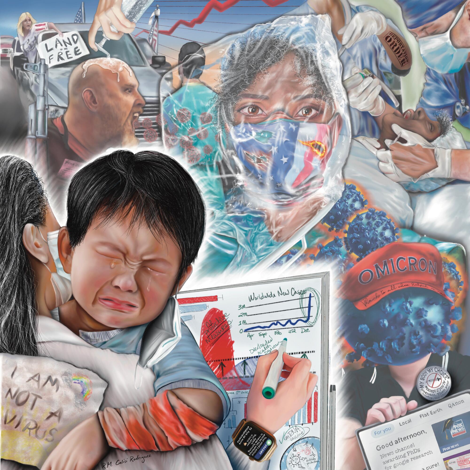 Illustration depicting scenes of COVID-19 workers, patients, and protesters, with parent and crying child in foreground.