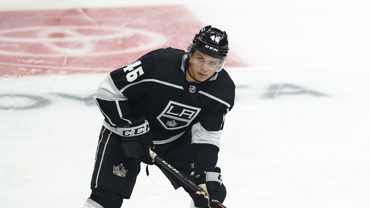Kings center Blake Lizotte controls the puck during a game against the Colorado Avalanche on Jan. 21.