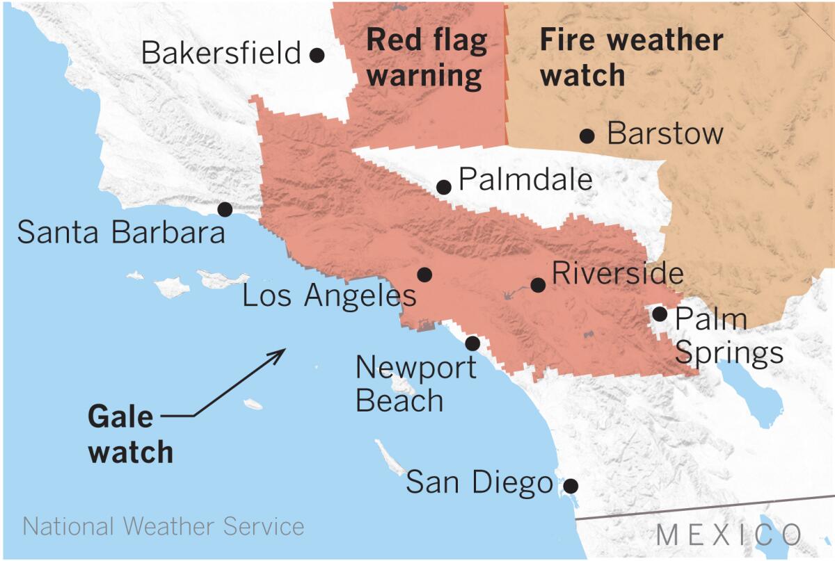 This strong Santa Ana is expected to affect the coastal waters in addition to elevating the fire danger on land.