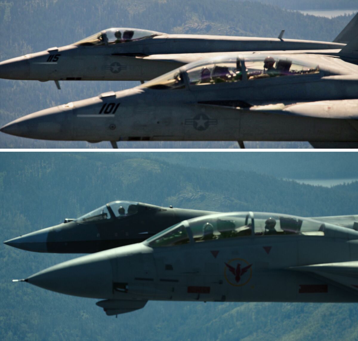 Ci-dessus : F/A-18 jets ;  Ci-dessous : Les mêmes jets après le "Top Gun : Maverick" L'équipe VFX les a changés en deux avions différents.