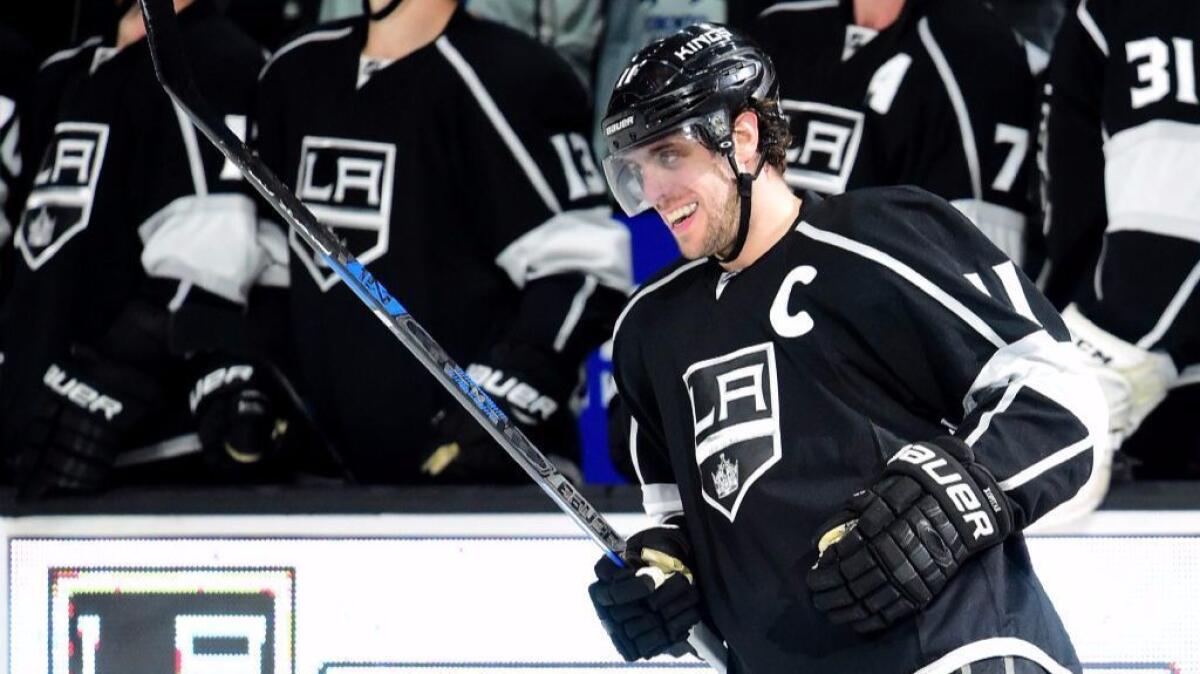 Kings center Anze Kopitar celebrates after his shootout goal against the Toronto Maple Leafs at Staples Center on March 2.