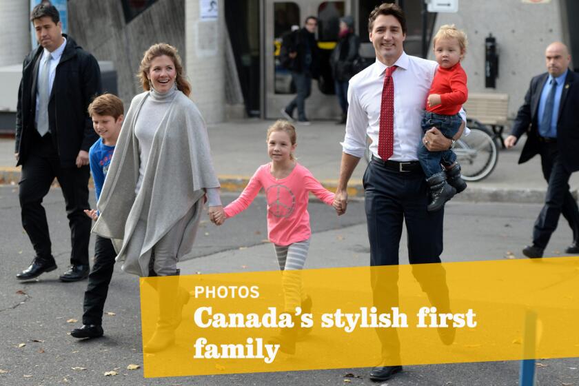 Justin Trudeau and his family arrive to vote at a polling station in Montreal on Monday.