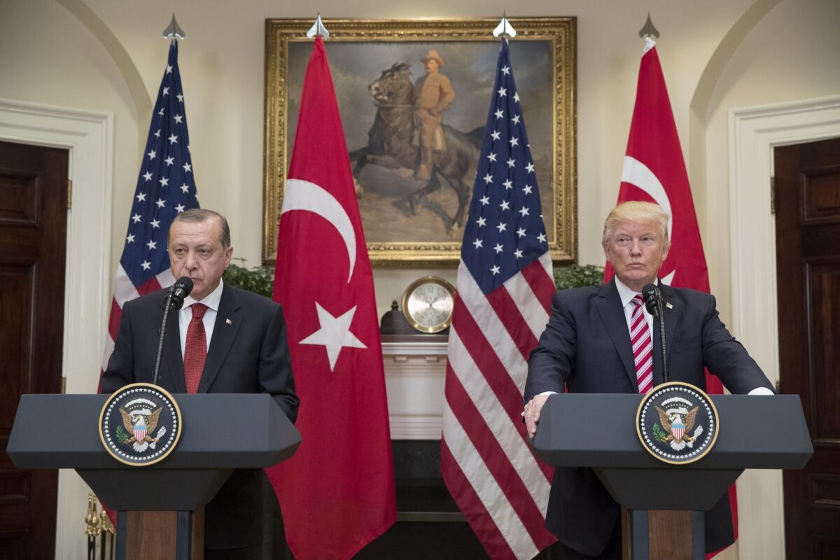 President Trump and Turkish President Recep Tayyip Erdogan deliver joint statements at the White House on May 16, 2017.