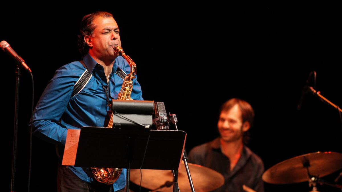 Rudresh Mahanthappa and drummer Dan Weiss onstage in L.A. in 2014.