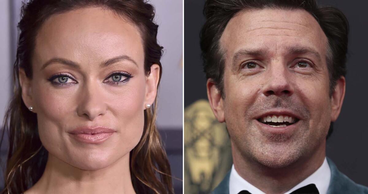 Separate head shots of the actors Olivia Wilde and Jason Sudeikis