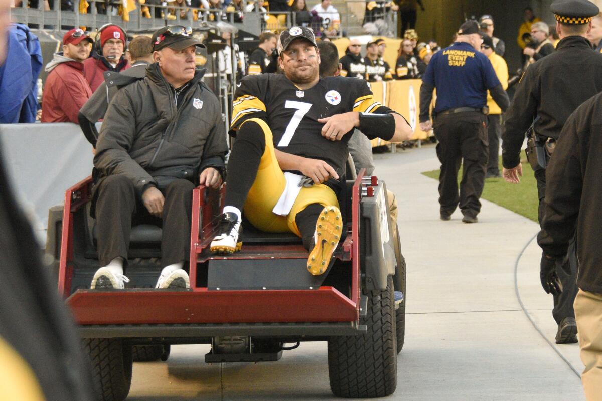 Steelers quarterback Ben Roethlisberger is taken away on a cart after being injured in a game against the Oakland Raiders in Pittsburgh on Nov. 8.