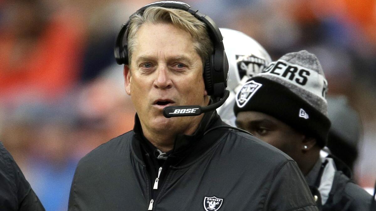 Coach Jack Del Rio has led the Raiders to a record of 19-13 in the last two regular seasons.