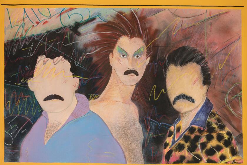 A painting shows 3 male figures: 2 without facial features except for a mustache and one with eyeshadow and spiked hair