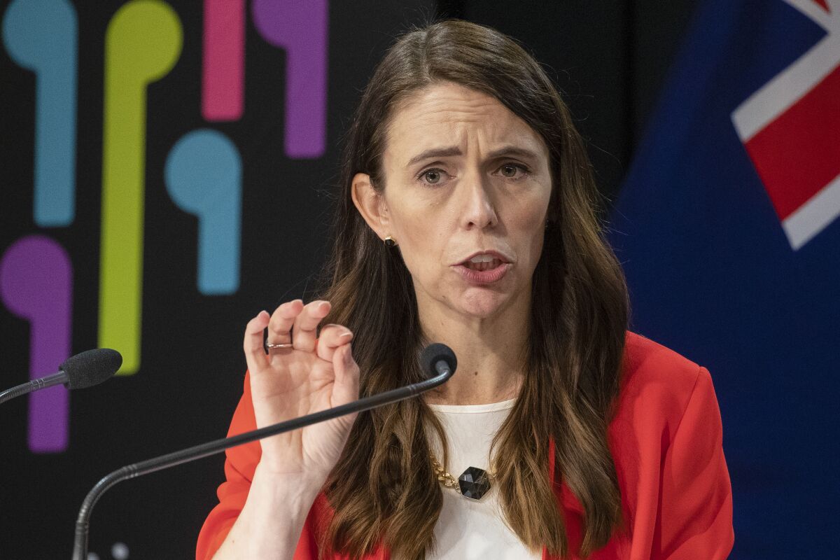 FILE - New Zealand Prime Minister Jacinda Ardern gestures during a press conference at parliament in Wellington, New Zealand on March 23, 2022. Ardern on Saturday, May 14, 2022 posted a photo of her positive test result on Instagram and said she was disappointed to miss several important political announcements over the coming week, including the release of the government's annual budget and a plan to reduce greenhouse gas emissions. (Mark Mitchell/Pool Photo via AP, File)