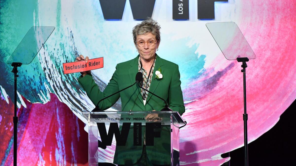 Frances McDormand speaks onstage at Women In Film's Crystal + Lucy Awards.