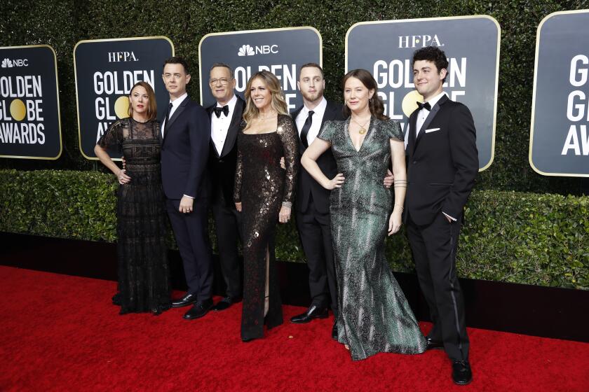 BEVERLY HILLS, CA-JANUARY 05: (L to R) Samantha Bryant, Colin Hanks, Tom Hanks, Rita Wilson, Chet Hanks, Elizabeth Ann Hanks, and Truman Theodore Hanks arriving at the 77th Golden Globe Awards at the Beverly Hilton on January 05, 2020. (Marcus Yam / Los Angeles Times)