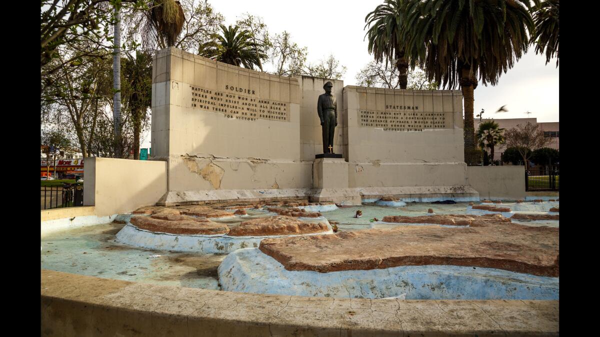 A relief map chronicling Gen. Douglas A. MacArthur's triumphant South Pacific campaign in World War II, in MacArthur Park.