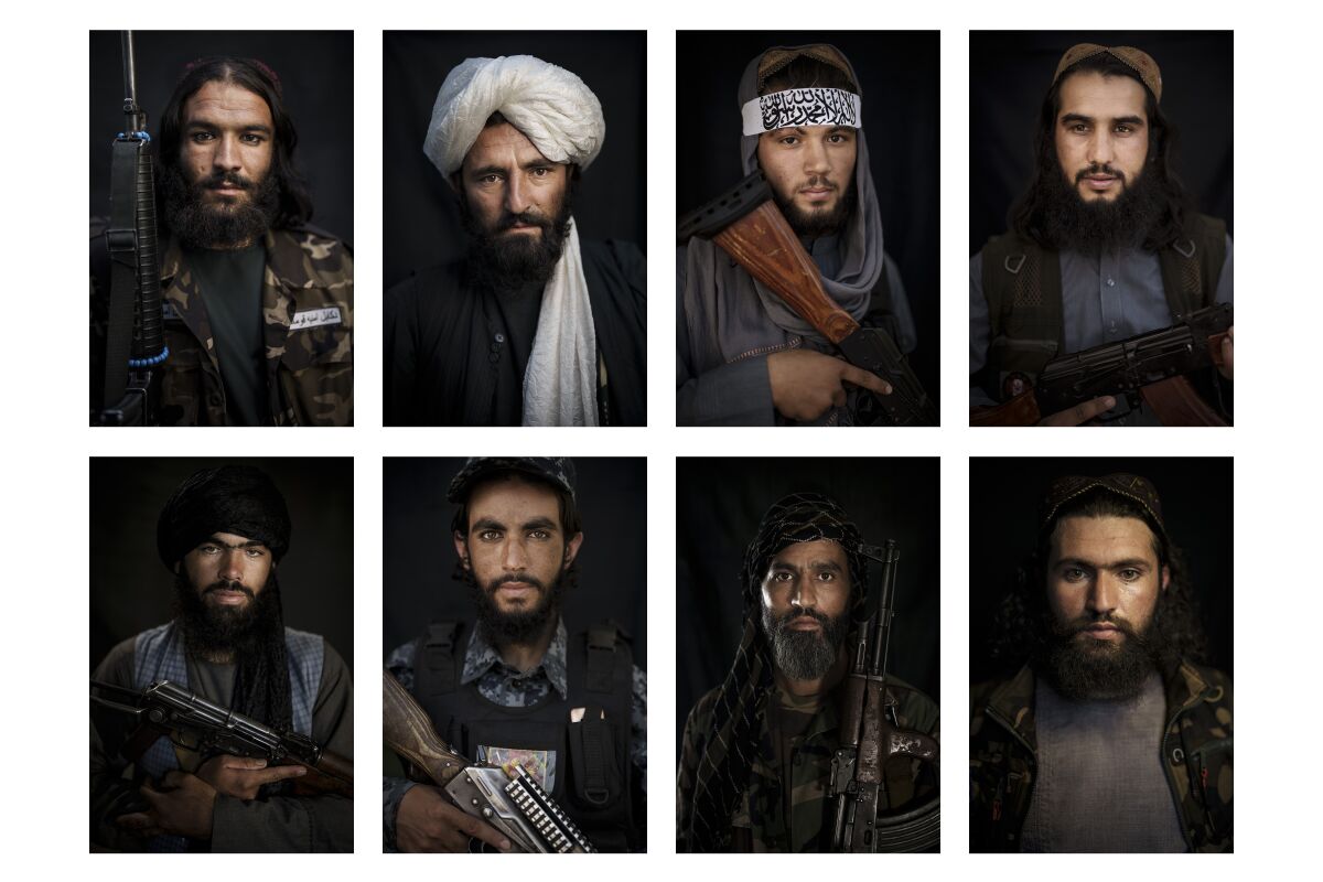 A combo image shows portraits of Taliban fighters taken at various police stations in Kabul, Afghanistan, from Sept. 16 to 22, 2021. (AP Photo/Felipe Dana)
