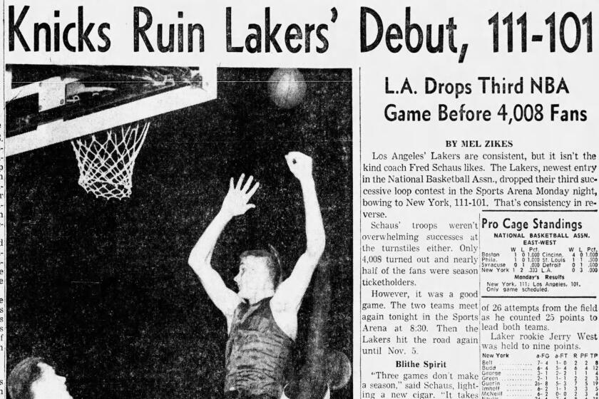 Game story on the Lakers' first game in L.A. in 1960.