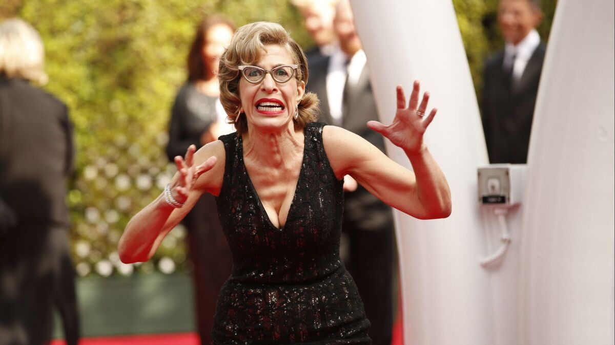 "Feud: Bette and Joan's" Jackie Hoffman arrives at the 2017 Emmy Awards.