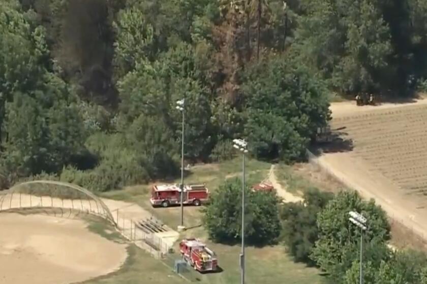 A Los Angeles firefighter was severely injured in an explosion Monday afternoon that went off as crews were battling a grass fire near the Sepulveda Basin.