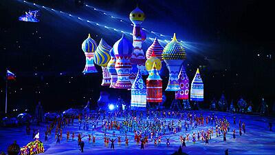 Performers fill the floor at Fisht Olympic Stadium for the opening ceremony of the 2014 Sochi Winter Olympics.