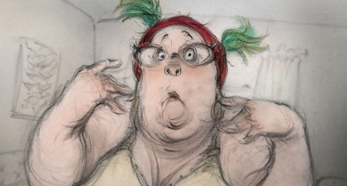 Drawing of a woman with red hair and green pigtails in motion