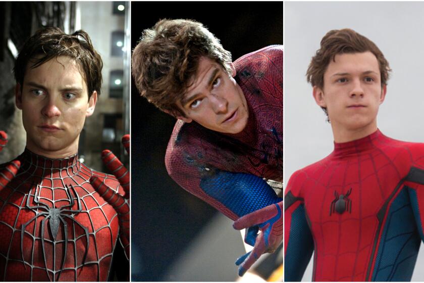 Tobey Maguire, left, Andrew Garfield and Tom Holland as Spider-Man.