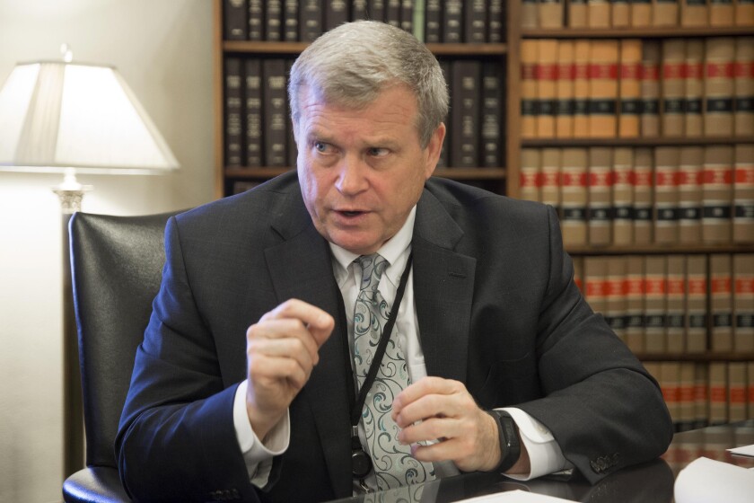 FILE - This March 1, 2017, file photo shows Idaho Attorney General Lawrence Wasden during an interview in Boise, Idaho. A congressional committee heard grievances Tuesday, June 8, 2021, against the owners of OxyContin maker Purdue Pharma amid a longshot effort to advance legislation that would keep them from using the corporate bankruptcy process as a shield for personal liability. Wasden said the Sacklers are standing in the way of seeking justice for the victims of opioid addiction and their families. (Darin Oswald/Idaho Statesman via AP, File)