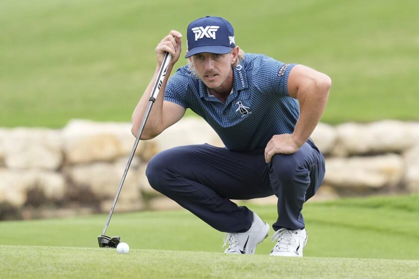Jake Knapp lines up a putt on the 18th hole during the second round of the Byron Nelson golf tournament in McKinney, Texas, Friday, May 3, 2024. (AP Photo/LM Otero)