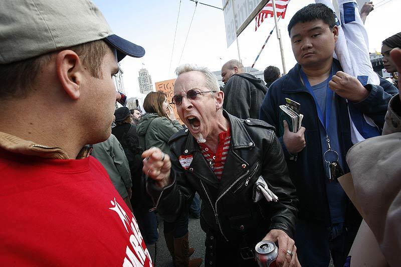 Paul Gross yells at a Proposition 8 supporter after the California Supreme Court hearing in San Francisco on same-sex marriage.