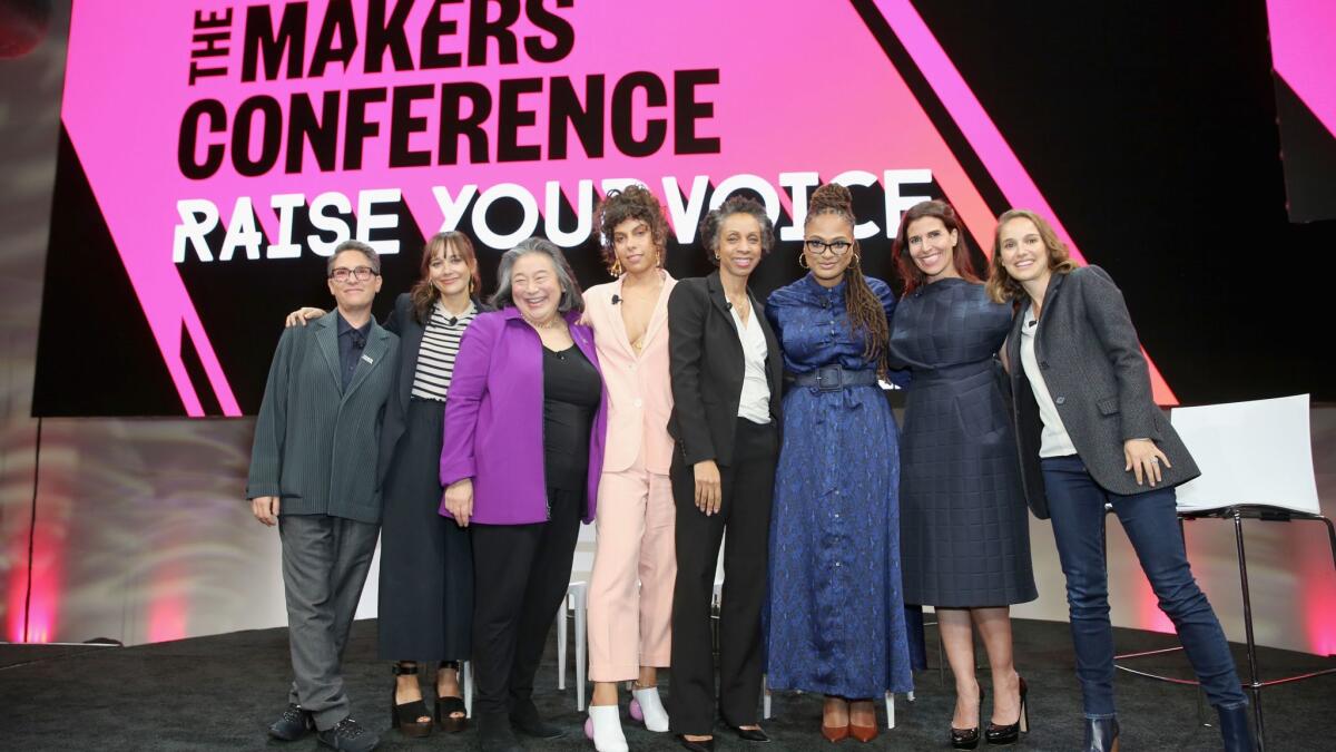 The 2018 Makers Conference began Monday with a panel featuring Jill Soloway, left, Rashida Jones, Tina Tchen, Melina Matsoukas, Nina Shaw, Ava DuVernay, Maha Dakhil and Natalie Portman.