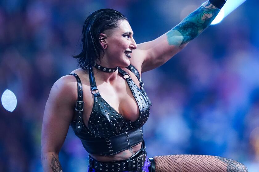 SAN ANTONIO, TEXAS - JANUARY 28: Rhea Ripley reacts after winning the WWE Royal Rumble.