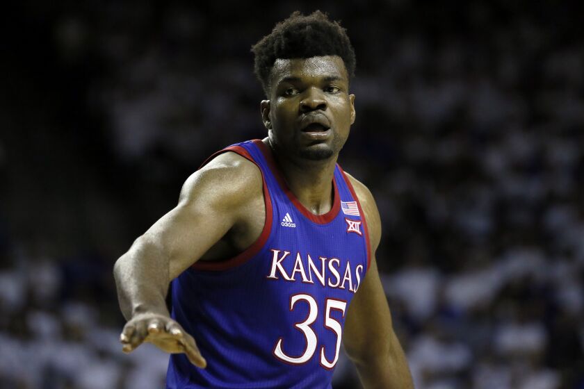 Kansas center Udoka Azubuike stands on the free throw line during an NCAA college basketball game against Baylor on Saturday, Feb. 22, 2020, in Waco, Texas. Kansas won, 64-61. (AP Photo/Ray Carlin)