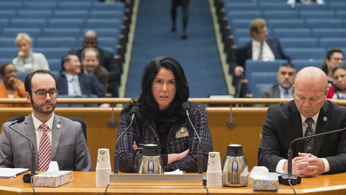 Investigators from L.A. County's Office of Inspector General testify about the use of pepper spray at juvenile detention facilities. From left, Sergio Perez, special assistant; Cathleen Beltz, assistant inspector general; and Dan Baker, chief deputy inspector general.