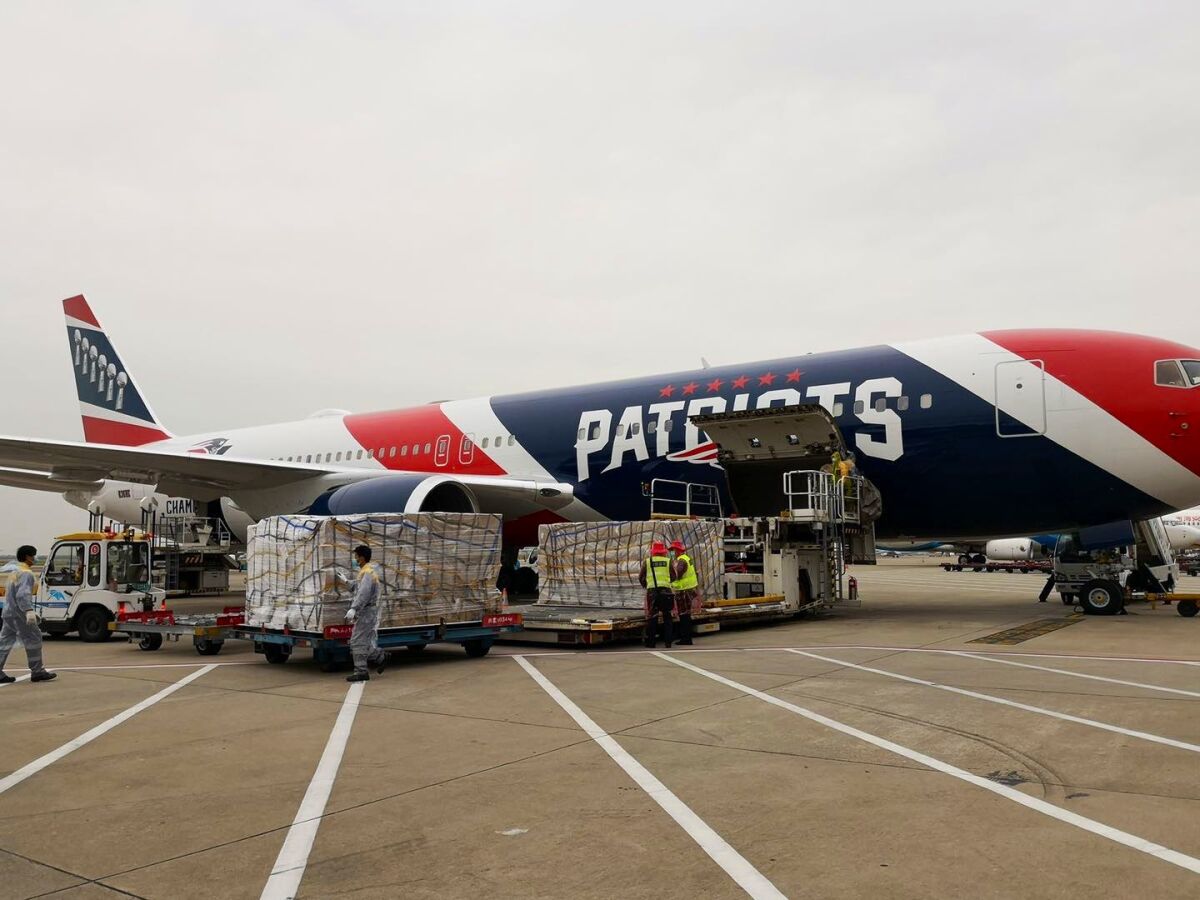 The New England Patriots team plane is loaded with N95 masks in Shenzhen, China.