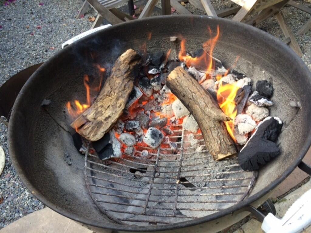 When the coals are ready, add hardwood for a blast of heat.