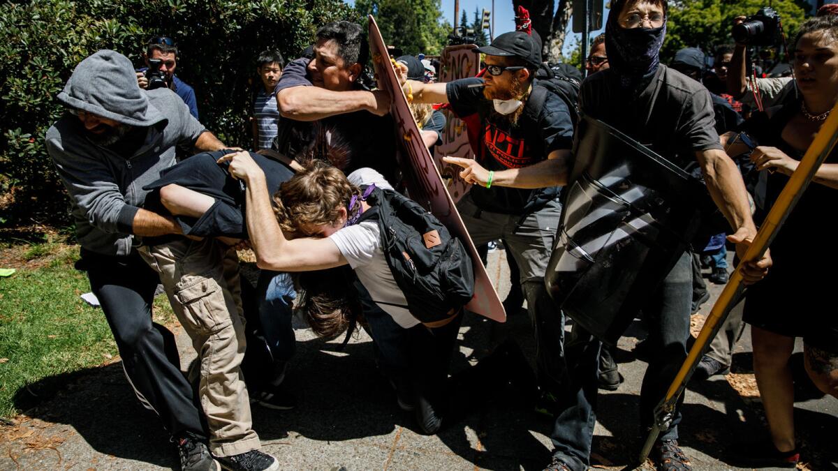 Demonstrators clash Sunday at Civic Center Park in Berkeley.