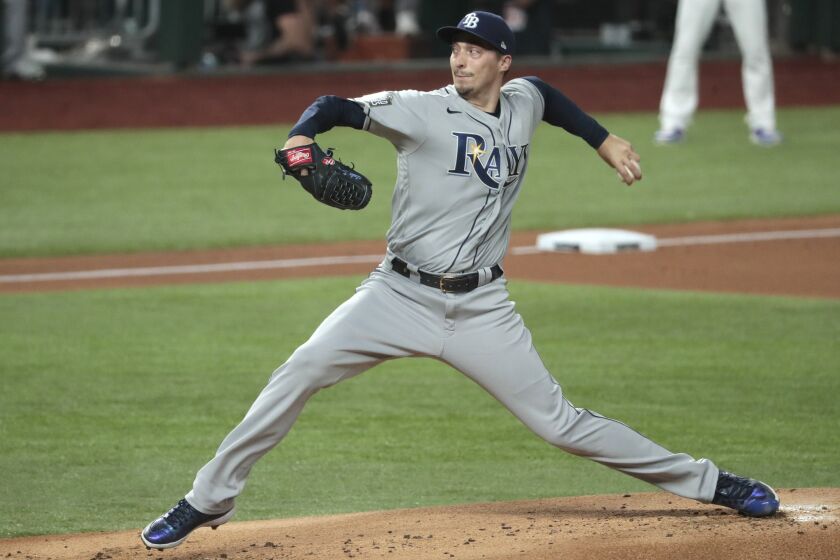 Arlington, Texas, Wednesday, October 21, 2020 Tampa Bay Rays starting pitcher Blake Snell (4) in game two of the World Series at Globe Life Field. (Robert Gauthier/ Los Angeles Times)