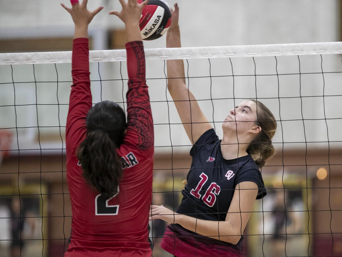Ocean View's Paula Bledsoe hits against Katella's Maria Alcantar during a Golden West League volleyball game on Thursday.