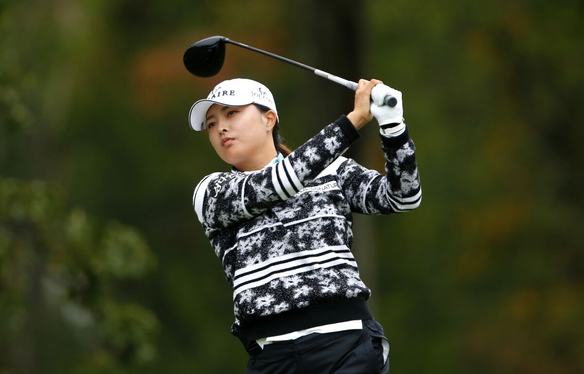 Jin Young Ko, of Korea, hits from the second tee during the final round of the Cognizant Founders Cup, Sunday, Oct. 10, 2021, in West Caldwell, N.J. (AP Photo/Noah K. Murray)
