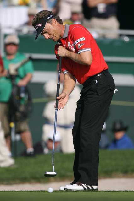 Bernhard Langer putts on the18th hole during the first round of the Toshiba Classic golf tournament at Newport Beach Country Club on Friday. Langer has a share of second place after the first round at 6 under par.