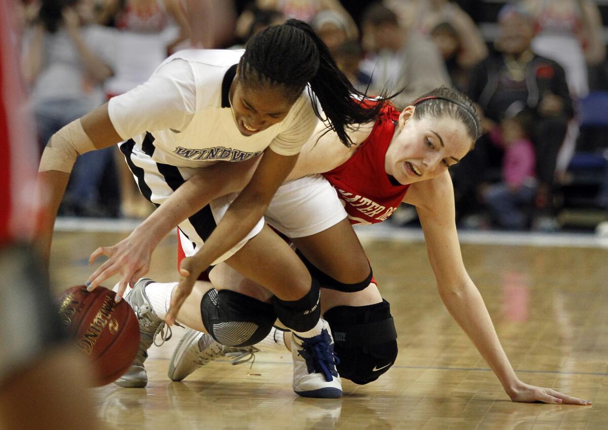 Mater Dei forward Katie Lou Samuelson battles Windward guard Jordin Canada, left, for a loose ball in the second half of a CIF Southern Section Open Division championship in 2013.