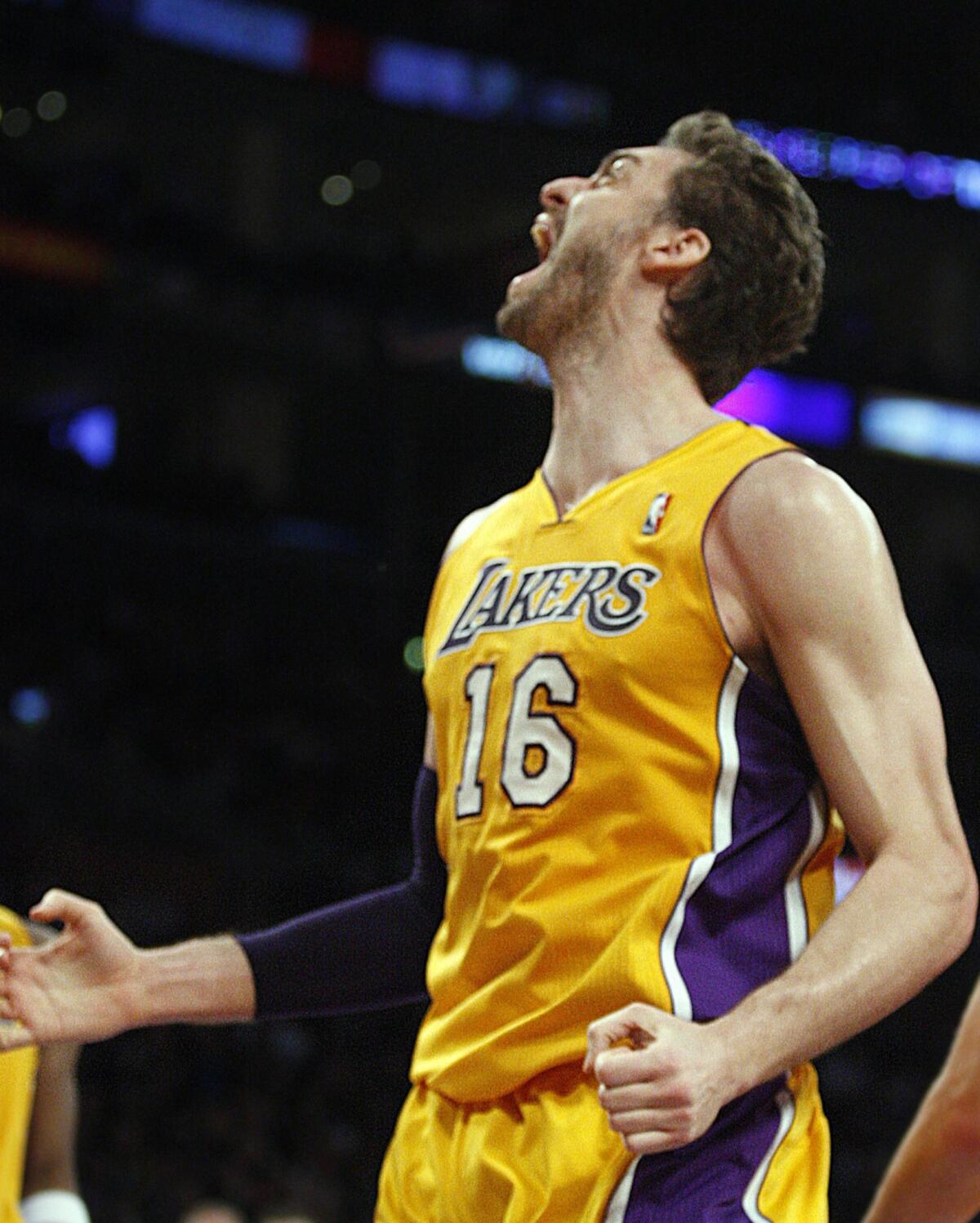 Lakers power forward Pau Gasol shouts in frustration during a play in the first half of Wednesday's game against the Spurs.