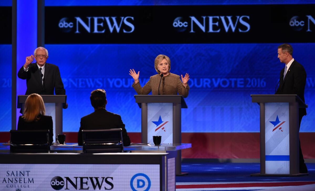 Democratic presidential candidates Bernie Sanders, Hillary Clinton and Martin O'Malley face off in a debate in December.