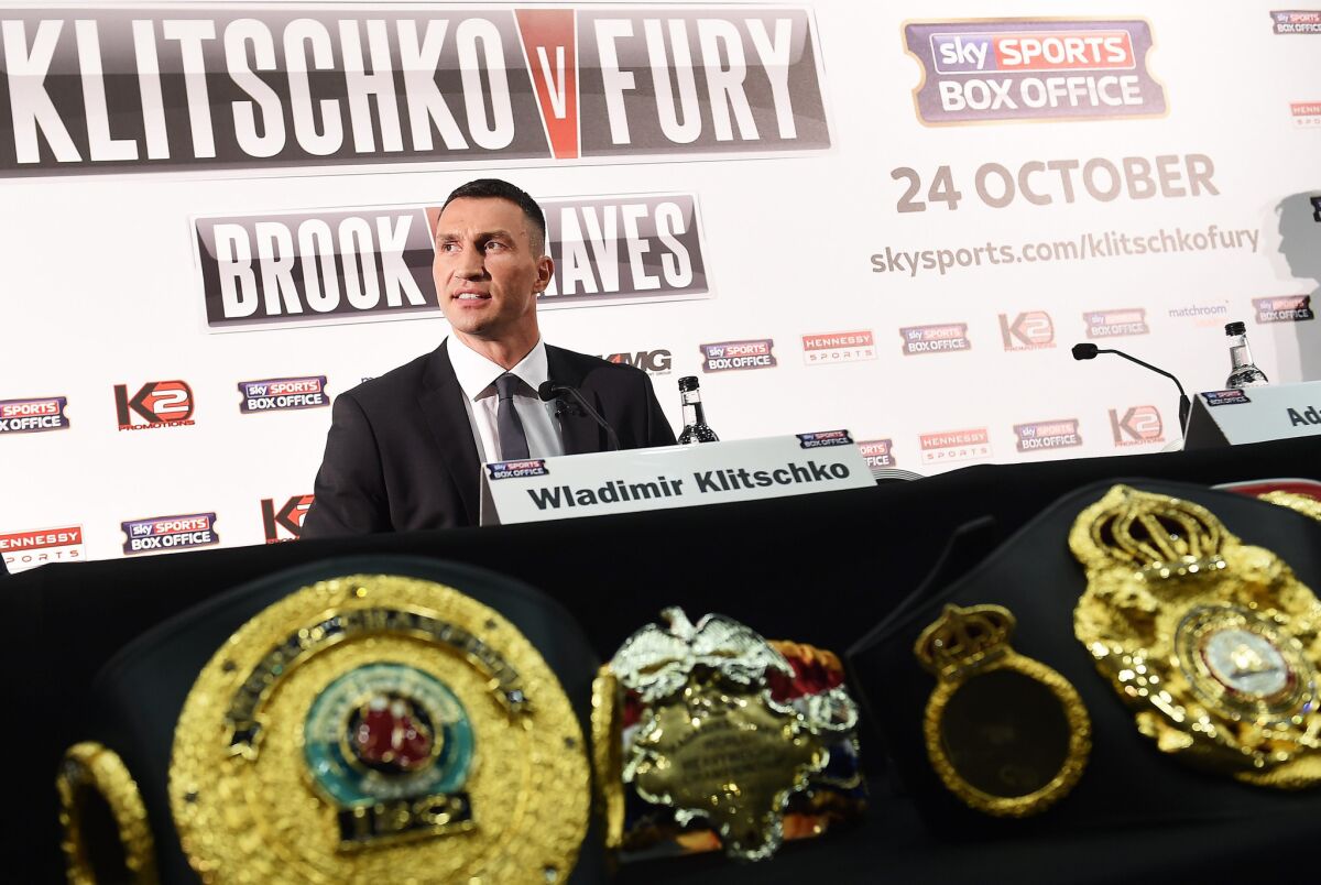 World heavyweight champion Wladimir Klitschko speaks at a news conference in London on Sept. 23 ahead of his bout with Tyson Fury in Germany on Oct. 24.