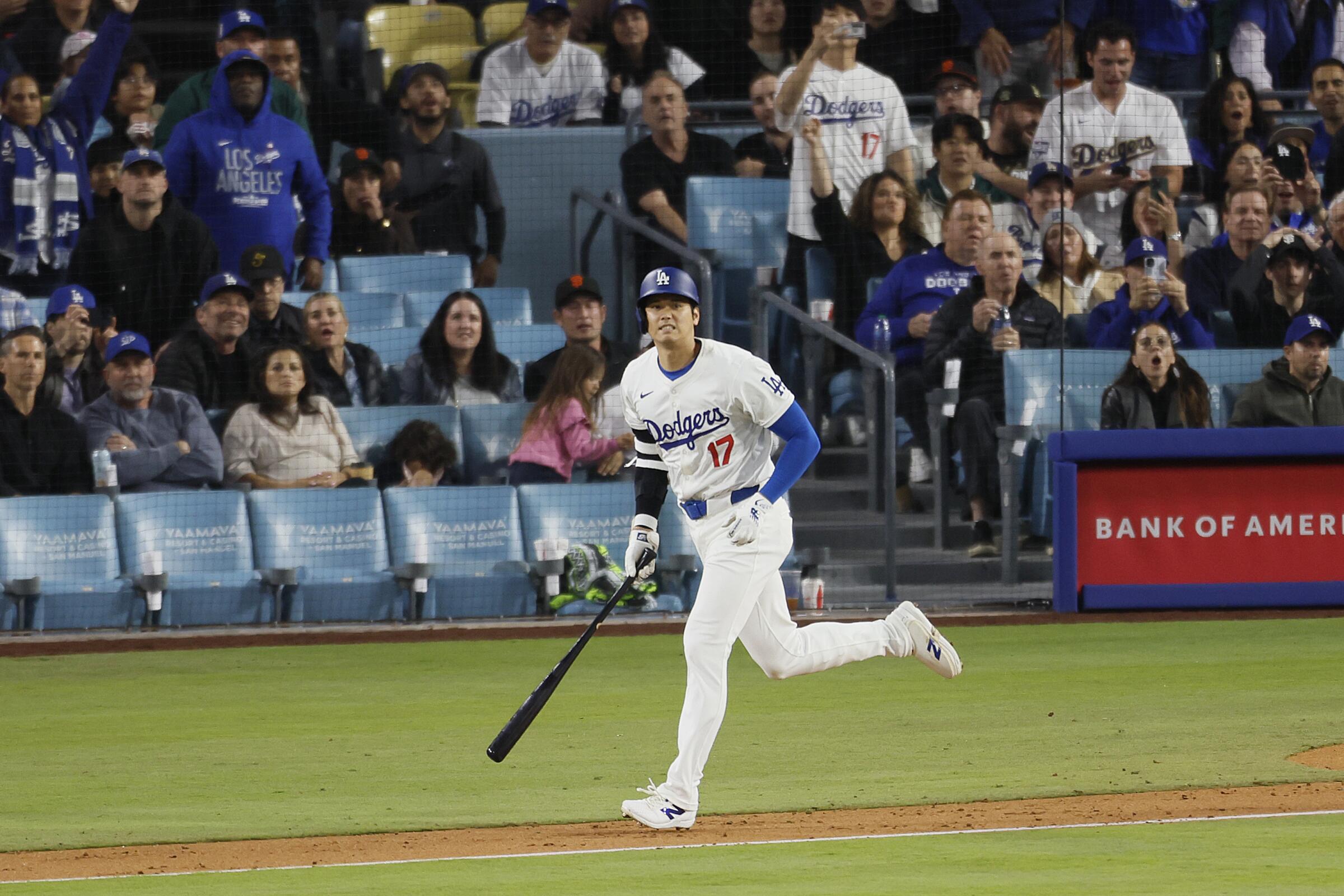 Dodgers designated hitter Shohei Ohtani hit his first home run as a Dodger on Wednesday night 